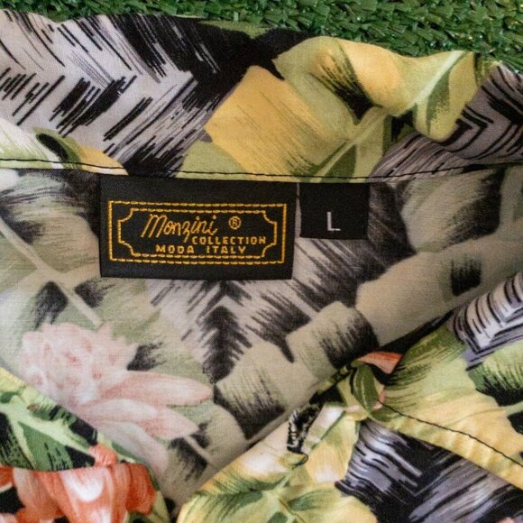 VINTAGE MONZINI MENS MADE IN ITALY BUTTON UP SHIRT HAWAIIAN FLORAL PRINT SIZE L - Picture 2 of 7